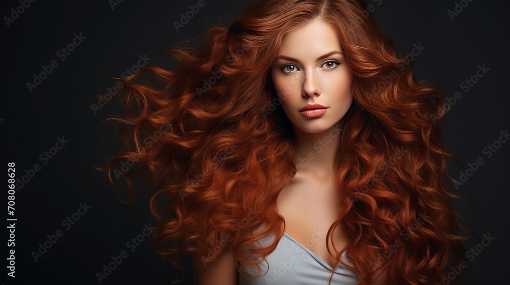 In a studio shot, there is a beautiful woman with long hair, shining curls, and a gray background.