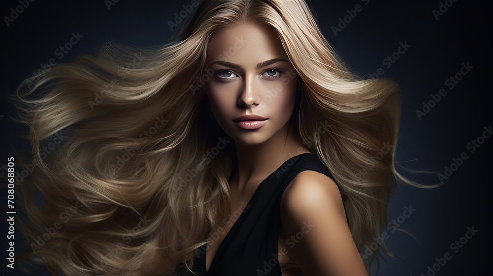 Isolated on a white background in a studio, a beautiful model has long, smooth blonde hair that blows in the air. there is also a young caucasian model with well-kept skin and hair blowing