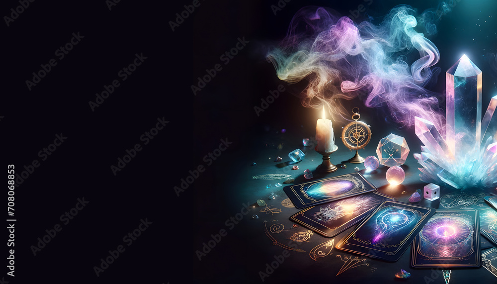 Mystic scene with tarrot cards, candles and crystals on magic table for fortune telling. Astrology and Esoteric concept. AI generated. - obrazy, fototapety, plakaty 