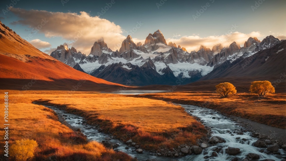 A photograph capturing Mount Fitz Roy in Argentina during a late autumn to winter sunset would likely present a breathtaking sight. The mountain, known for its jagged and imposing peaks.