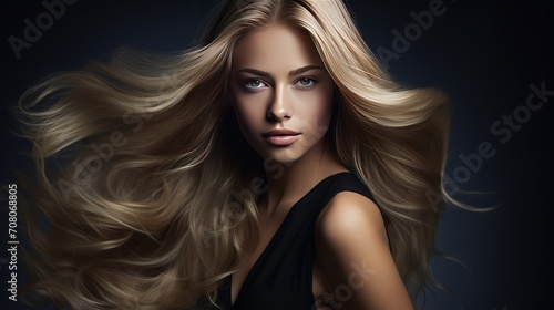 Isolated on a white background in a studio, a beautiful model has long, smooth blonde hair that blows in the air. there is also a young caucasian model with well-kept skin and hair blowing