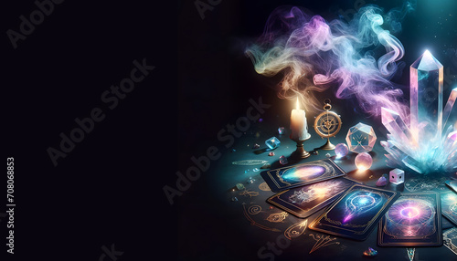 Mystic scene with tarrot cards, candles and crystals on magic table for fortune telling. Astrology and Esoteric concept. AI generated.