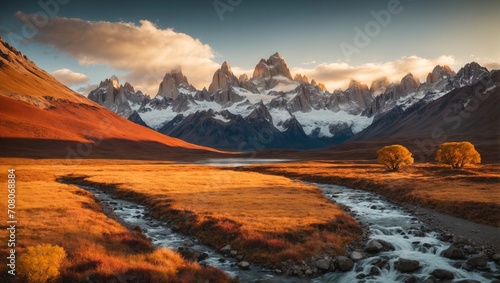 A photograph capturing Mount Fitz Roy in Argentina during a late autumn to winter sunset would likely present a breathtaking sight. The mountain, known for its jagged and imposing peaks.