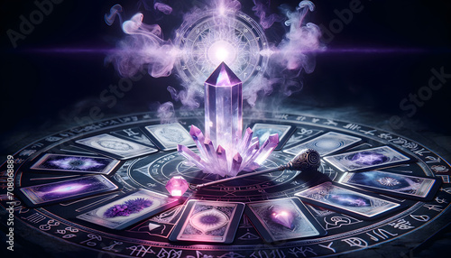 Mystic scene with tarrot cards and crystals on magic table for fortune telling. Astrology and Esoteric concept. AI generated.