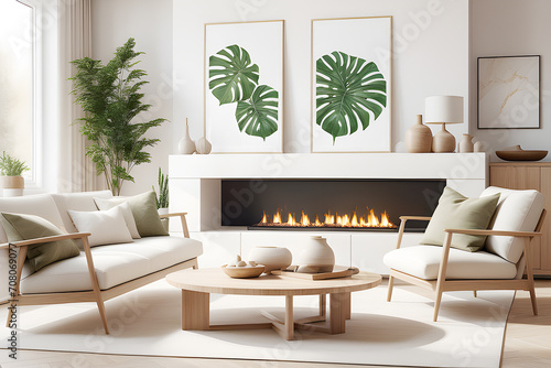 Living room with white wall with wooden furniture and white sofa and fireplace pit 