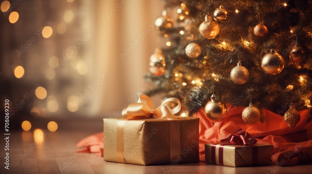 Christmas tree with ornaments and golden gift box Christmas tree with ornaments and golden gift box