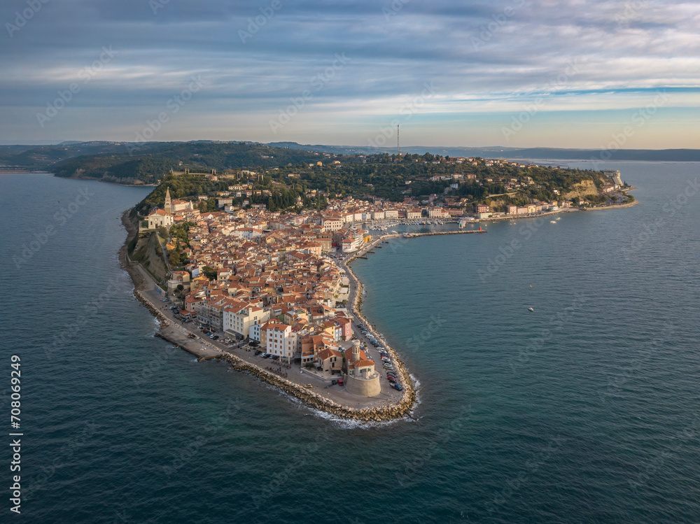 Aerial view of the ancient town of Piran, Slovenia.