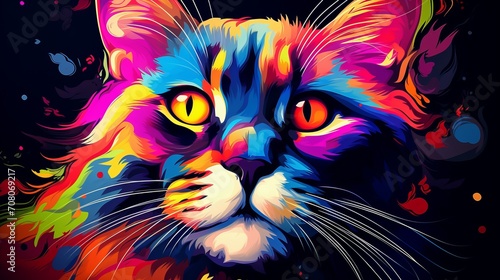 The cat is adorable and has an abstract colorful graphic background
