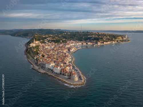 Aerial view of the ancient town of Piran, Slovenia.