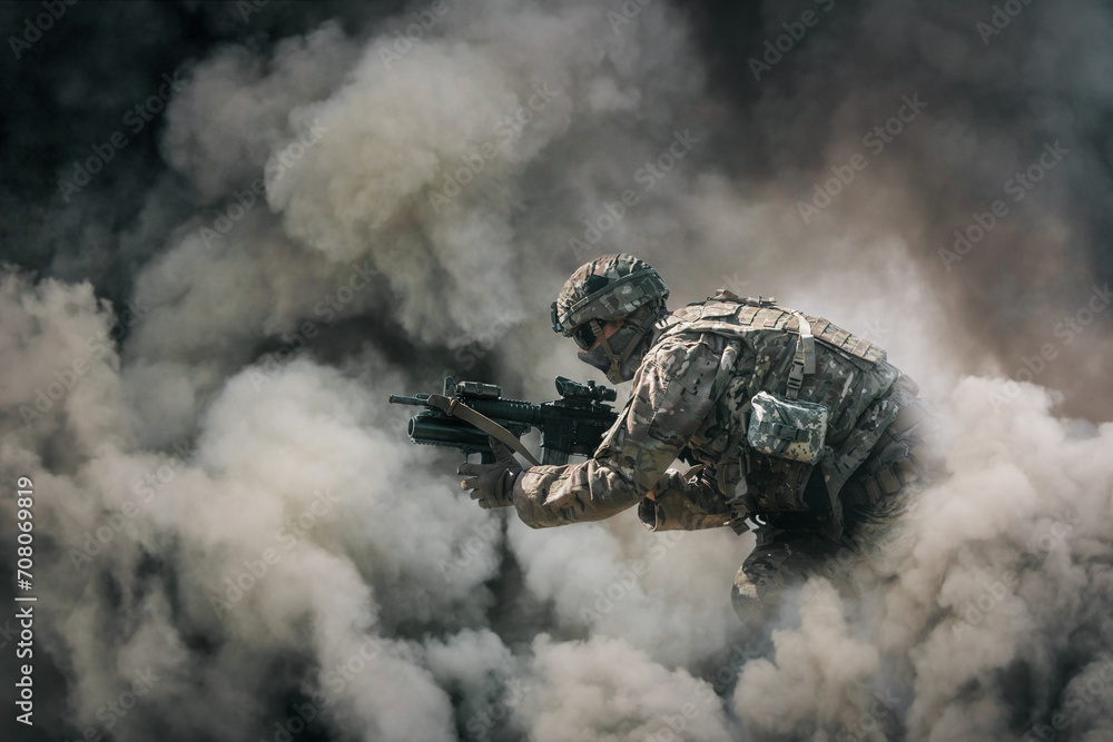 Military soldier between smoke and dust in battlefield	 - obrazy, fototapety, plakaty 