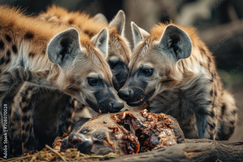 Intense Portrait of Young Hyenas Feasting on Their Prey in the Wild Intense Portrait of Young Hyenas Feasting on Their Prey in the Wild