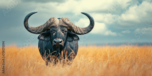 Cape Buffalo Standing in Golden Grass with Dramatic Sky