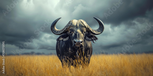 Powerful Buffalo Gazing in the Field Under a Cloudy Sky