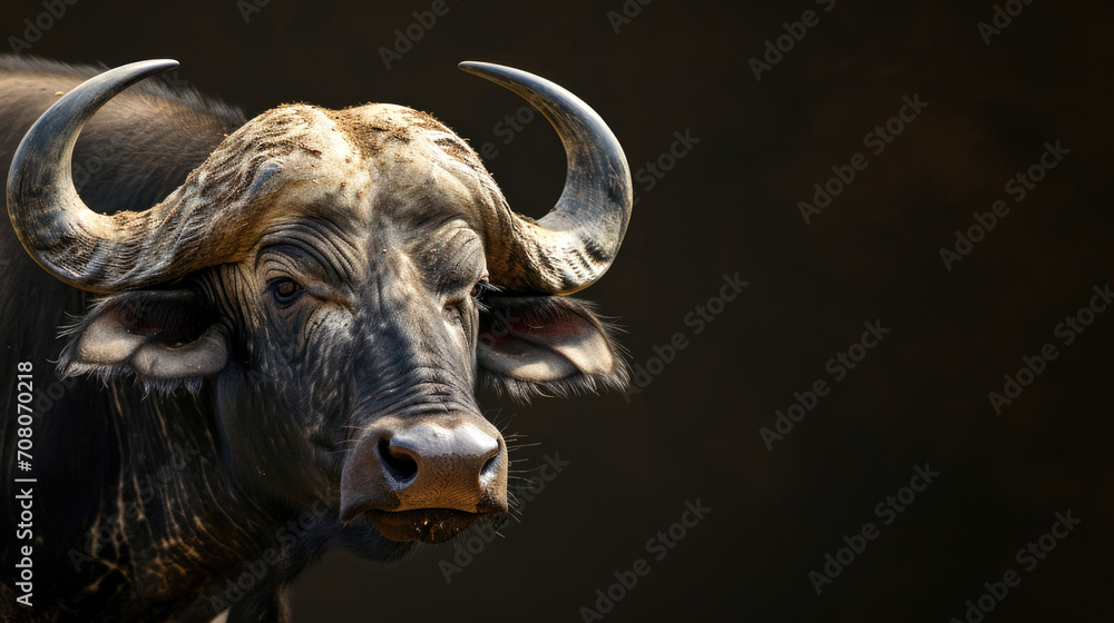Noble Gaze: Close-Up Portrait of an African Buffalo Bull against a Dark Background Noble Gaze: Close-Up Portrait of an African Buffalo Bull against a Dark Background