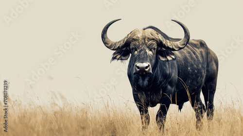 Lone Sentry  African Buffalo Standing in a Dry Grass Field Under a Pastel Sky