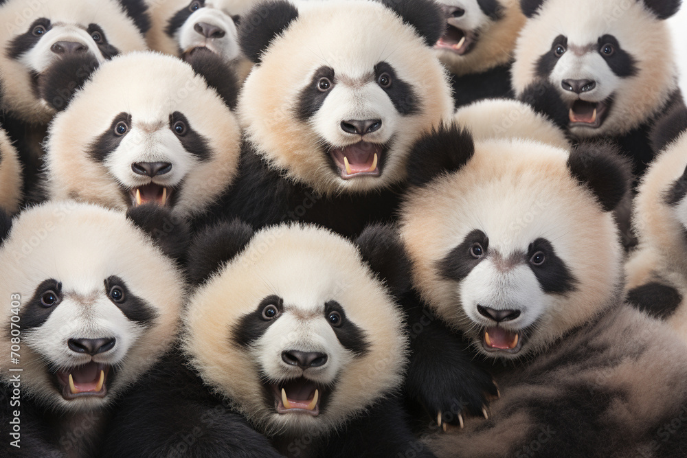 A playful group of pandas depicted in black and white, their round faces and distinctive markings brought to life with detailed linework on paper. A playful group of pandas depicted in black and white, their round faces and distinctive markings brought to life with detailed linework on paper.
