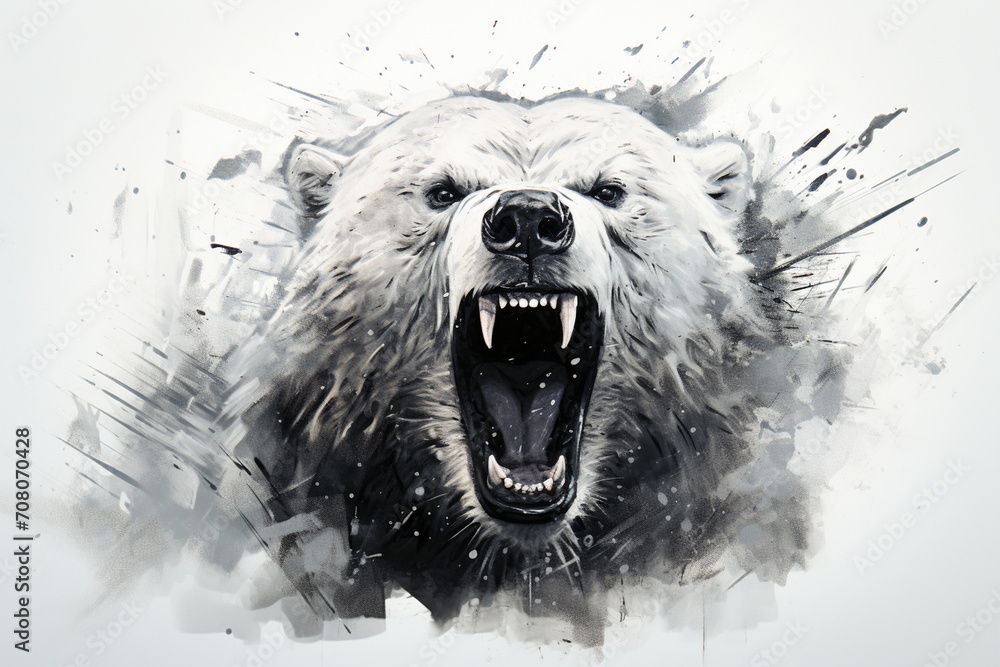 A striking polar bear rendered in black and white, its fur and icy surroundings captured with precise strokes, creating a powerful and stark image on paper. A striking polar bear rendered in black and white, its fur and icy surroundings captured with precise strokes, creating a powerful and stark image on paper.
