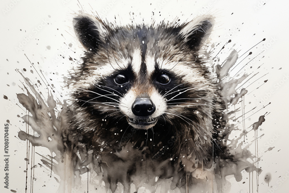A charming and mischievous raccoon portrayed with lively strokes, its masked face and ringed tail depicted in intricate black and white detail on paper. - obrazy, fototapety, plakaty 