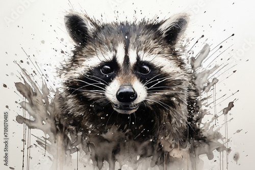 A charming and mischievous raccoon portrayed with lively strokes, its masked face and ringed tail depicted in intricate black and white detail on paper.