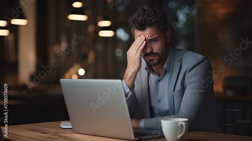 A millennial businessman who works on laptops is frustrated due to a strong headache. photo