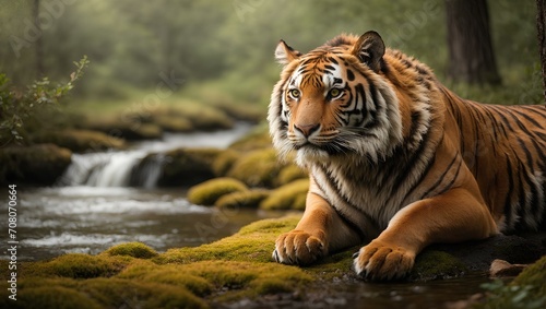 The tiger relaxed on the edge of the river in the middle of the jungle photo