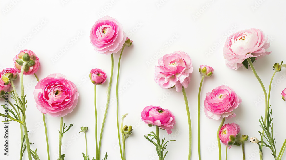 Assorted Pink Ranunculus Flowers on White Background