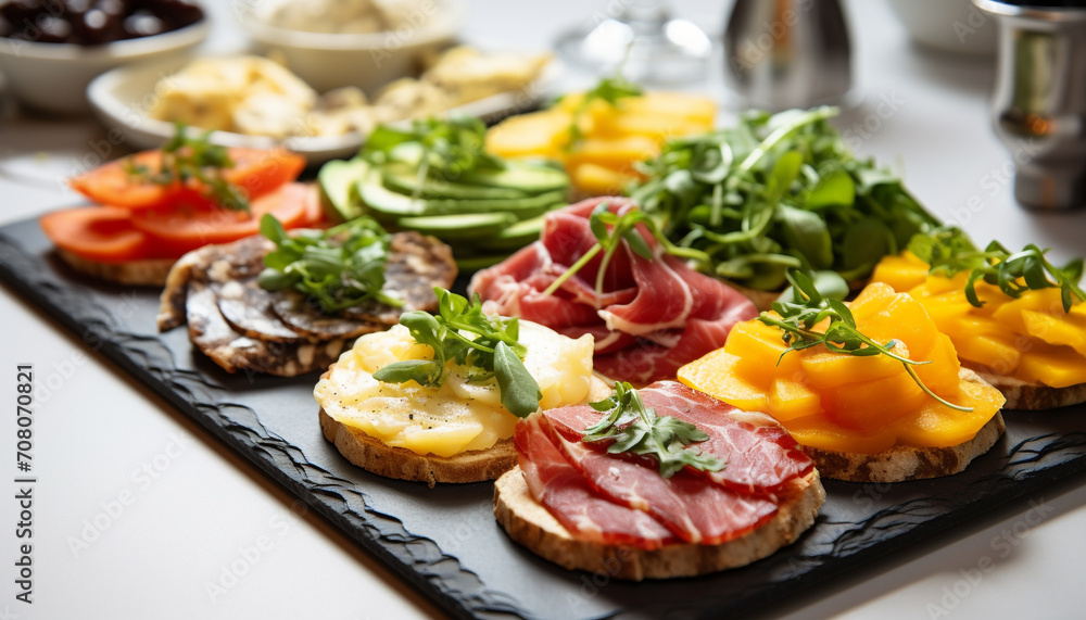 Freshness on plate, grilled prosciutto, tomato, and ciabatta generated by AI Freshness on plate, grilled prosciutto, tomato, and ciabatta generated by AI