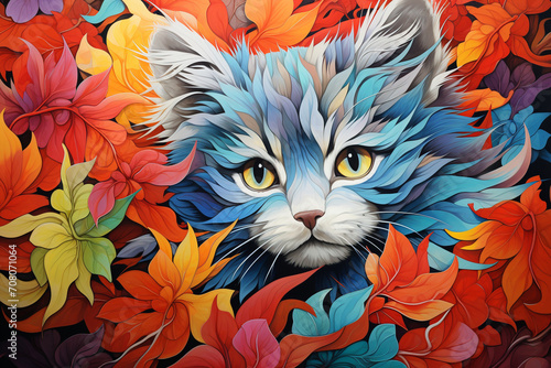 An endearing illustration of a kitten with a patchwork of colors  its fur rendered using a diverse set of multi-colored pencils to convey the softness and playfulness.