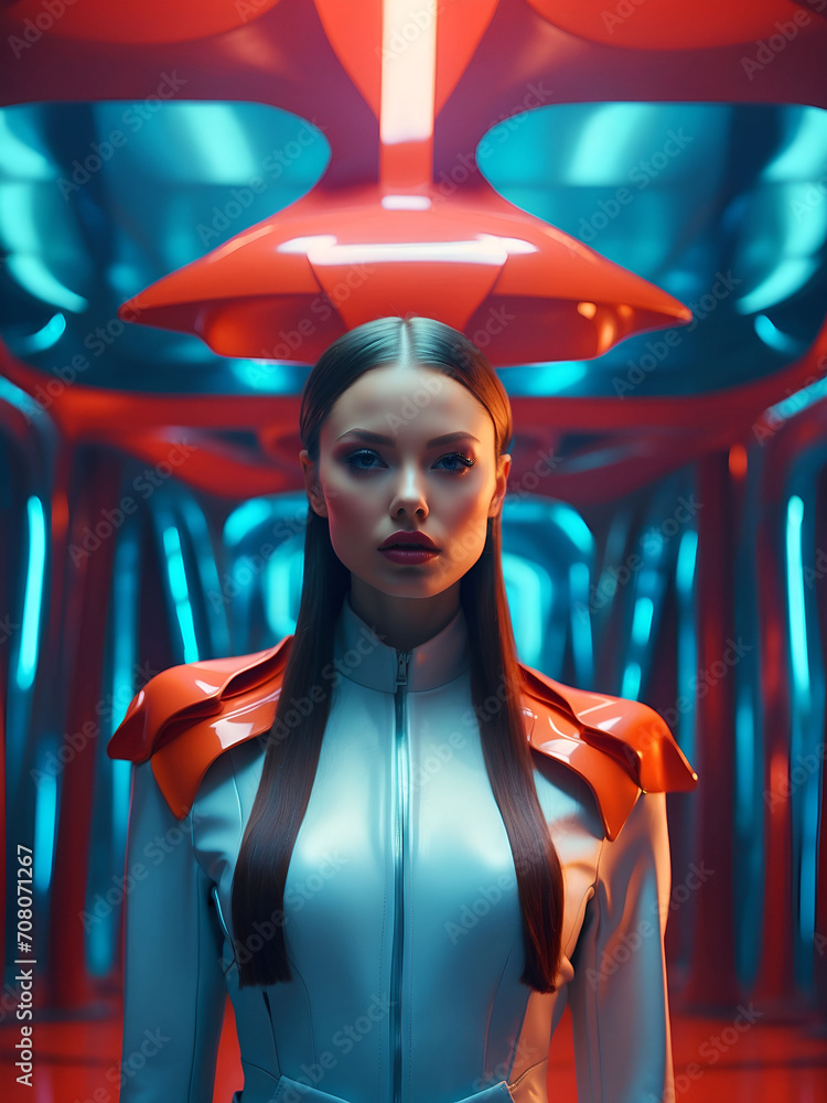 Woman in futuristic costume. Futuristic fashion concept.