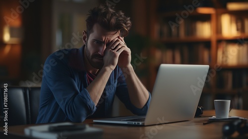 The employee, who is caucasian and has a beard, feels frustrated, tired, and exhausted from working too much. he is calculating accounts while sitting in front of a computer screen due to
