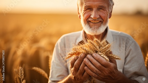 In a golden wheat field, there is a farmer who holds ears of wheat in his hands.
