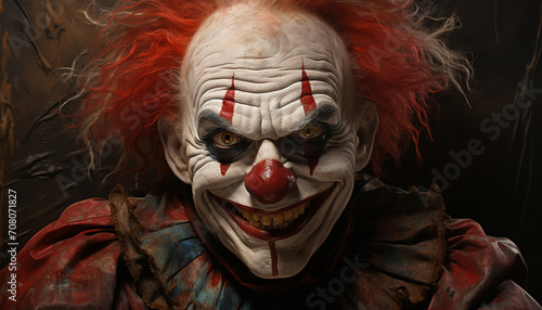 Spooky Halloween costume evil clown with bloody face paint generated by AI photo