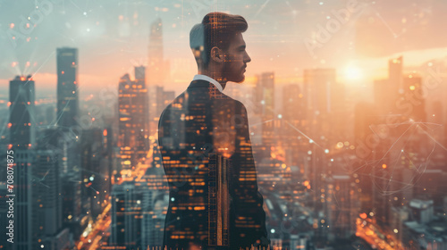 Businessman Contemplating Cityscape at Sunset