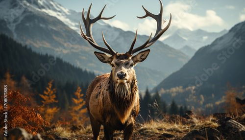 Majestic stag standing in tranquil forest, surrounded by snowy mountains generated by AI © Jeronimo Ramos