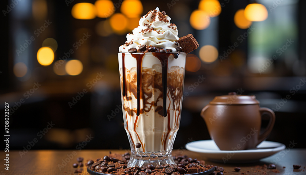 A gourmet dessert chocolate cream on a coffee table generated by AI A gourmet dessert chocolate cream on a coffee table generated by AI