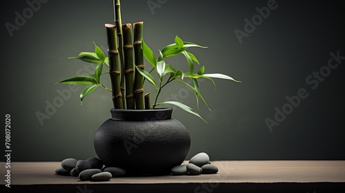 The flowerpot is made up of bamboo and black stones.