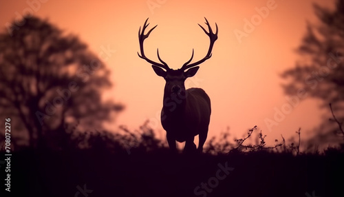 Silhouette of stag grazing in tranquil meadow at sunrise generated by AI