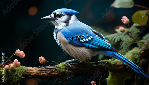 A beautiful bird perching on a branch in a tropical forest generated by AI