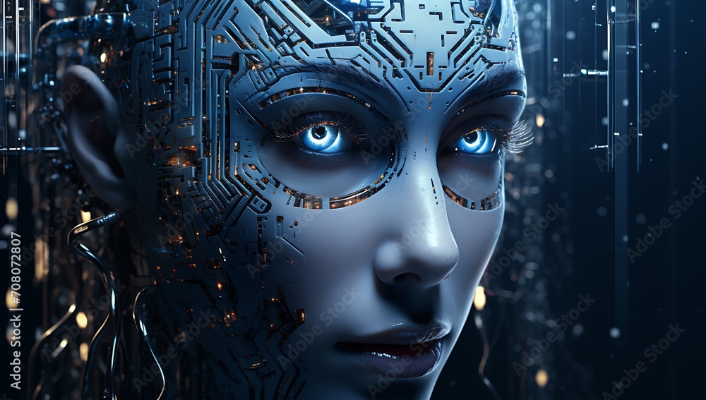 Cyborg woman face with circuit board on dark background 3D rendering Cyborg woman face with circuit board on dark background 3D rendering