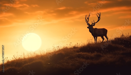 Majestic stag grazes in tranquil meadow, silhouetted against sunset sky generated by AI