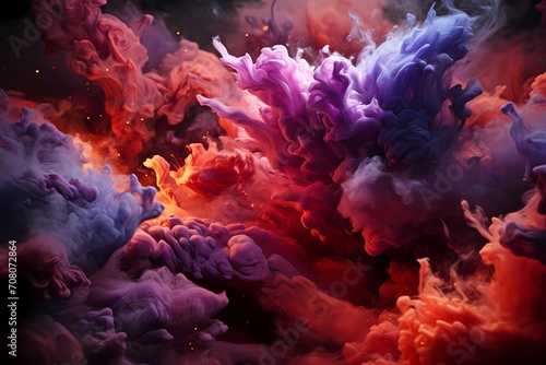 Burst of fiery crimson and deep violet liquids intertwining with explosive force, crafting a dynamic and vibrant spectacle, captured with precision by an HD camera ©  ALLAH LOVE
