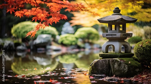 A japanese garden has a small island and a stone lantern on it. photo