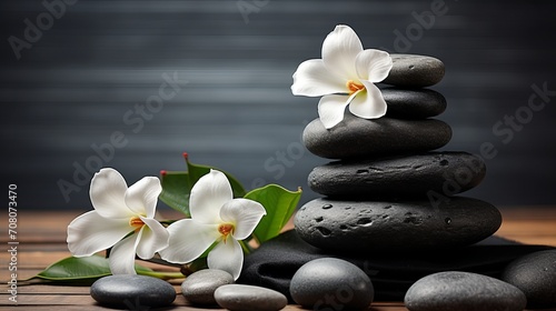 A spa and wellness session that incorporates stones and flowers on a wooden tablecloth.