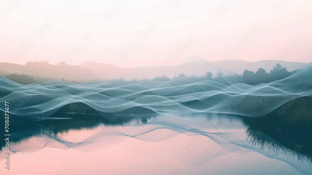 AI Artificial Intelligence for Mental Health. serene landscape with digital overlays of calming patterns and AI-generated elements, AI use in creating environments conducive to mental wellness - obrazy, fototapety, plakaty 