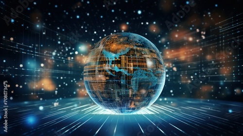 Artificial Intelligence and Global E-Learning. Neon globe surrounded by digital data streams and AI algorithms, highlighting the role of AI in global education and e-learning