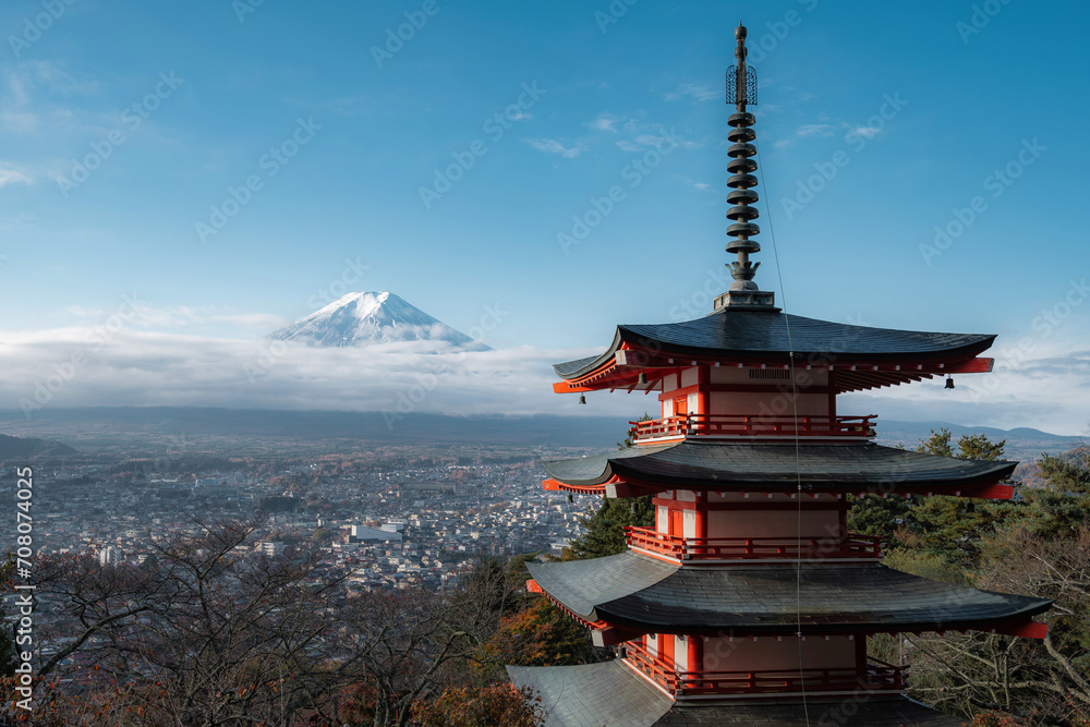 Mount Fuji and Chureito Pagoda at sunrise during autumn season, Fujiyoshida, Japan.