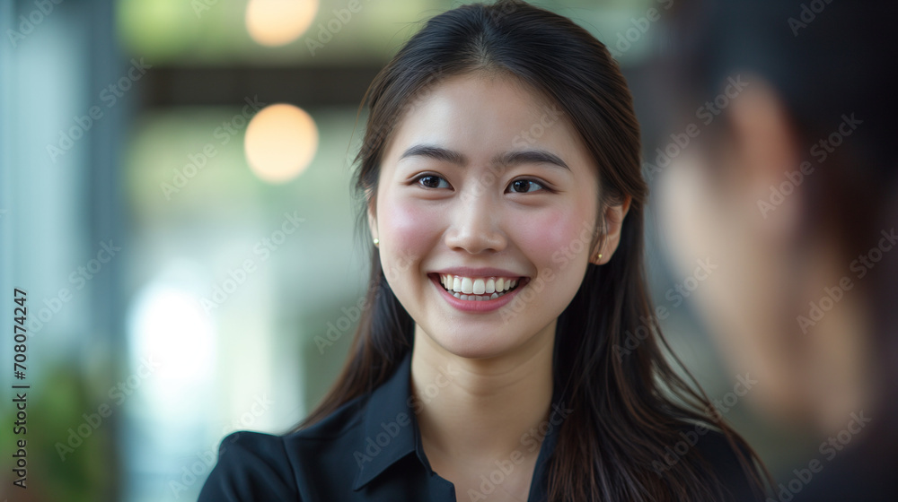 Young Chinese Woman in Business Dress at Job Interview, Smiling in Professional Office Setting, Engaging Positive Interaction with HR Interviewer, Successful Meeting, Formal Agreement Corporate Young Chinese Woman in Business Dress at Job Interview, Smiling in Professional Office Setting, Engaging Positive Interaction with HR Interviewer, Successful Meeting, Formal Agreement Corporate