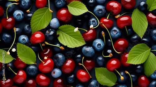 Cherry, blueberry, and green leaves are present on the summer surface.