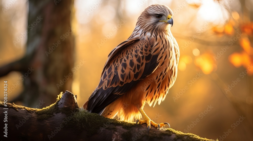 The scene is blurry with a red kite standing on a tree branch and selectively focused on it. The scene is blurry with a red kite standing on a tree branch and selectively focused on it.