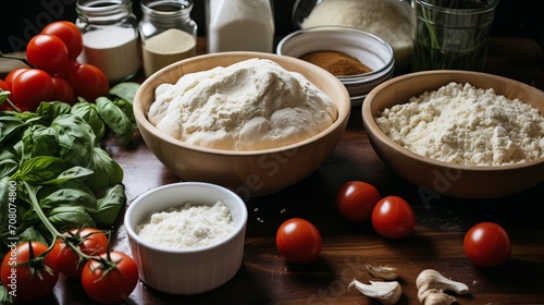 The ingredients that go into making homemade pizza.